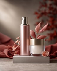 Elegant render of cosmetic product packaging in studio setting highlighting natural aesthetics and soft colors