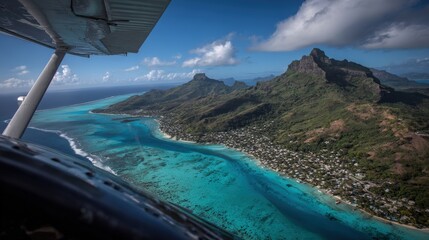 Aerial view captures lush volcanic peaks above vibrant turquoise lagoon waters