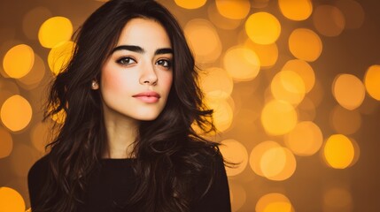 Beautiful young woman with dark wavy hair poses against a warm glowing background