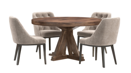 Modern round wooden dining table with four upholstered chairs contemporary furniture set stylish home interior on white background
