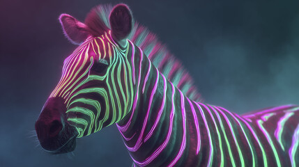 A zebra's head is illuminated with neon lines in contrasting colors, creating a vibrant and surreal effect. The background features a dark, smoky ambiance that enhances the visual impact.