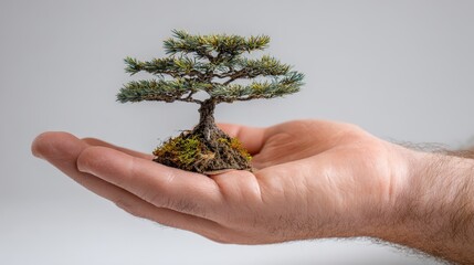 Tiny miniature evergreen tree rests gently in the palm of an open hand