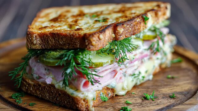 Sandwich stacked with layers of ham, cheese, pickles, and herbs on toasted bread served on a wooden plate during lunch