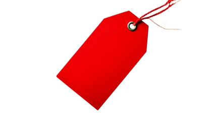  Bright red rectangular tag, with a hole at the top corner, isolated on a transparent backgro 