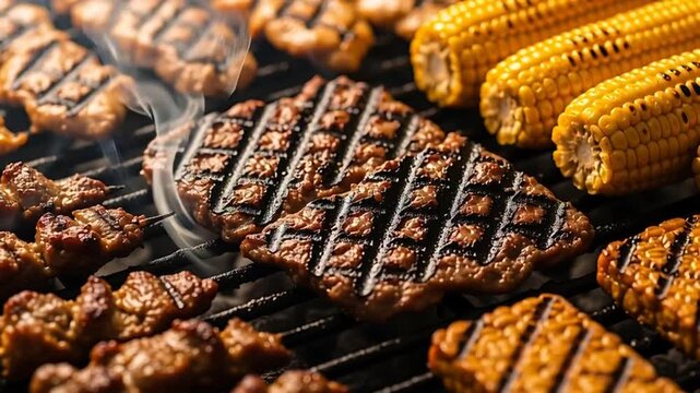 Sizzling Grill: A culinary symphony unfolds on a grill, featuring perfectly seared steak, corn, and delectable meats, evoking the aroma of a summertime feast.