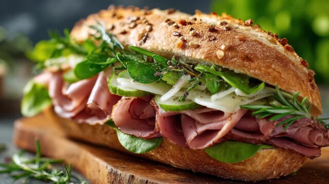 Freshly made sandwich with ham, lettuce, and herbs on a wooden board surrounded by greens and kitchen items in a casual setting