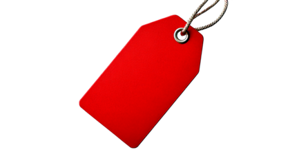  Bright red rectangular tag, with a hole at the top corner, isolated on a transparent backgro 