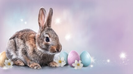 Cute bunny rabbit with pastel easter eggs and wildflowers, warm golden hour lighting, background fantasy, peaceful easter scene