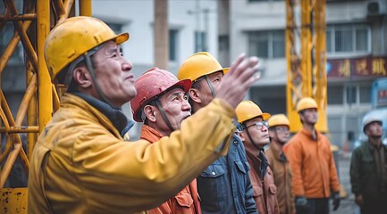 Construction Site Workers: Safety Helmets, Team Coordination & Urban Development