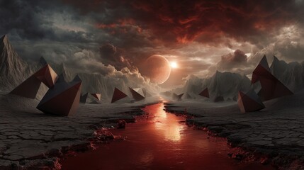 Surreal landscape featuring molten mercury river geometric pyramids alien world dramatic skies digital art