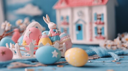 Cute bunny rabbit with pastel easter eggs and wildflowers, warm golden hour lighting, background fantasy, peaceful easter scene