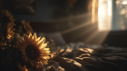 Sunflowers are arranged on a bed, with sunlight streaming in through a nearby window. The soft light highlights the flowers and the textured bedding, creating a calm and inviting atmosphere.