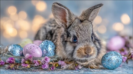 Cute bunny rabbit with pastel easter eggs and wildflowers, warm golden hour lighting, background fantasy, peaceful easter scene