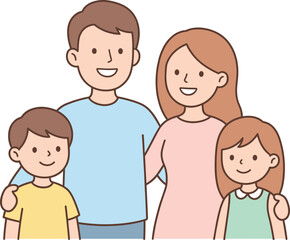 Obraz premium Cartoon family illustration, happy parents and children standing together, smiling faces, cheerful bonding, parenting, love, unity, family values, togetherness