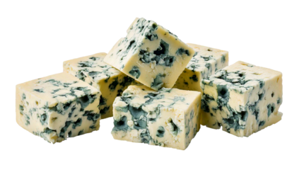 Cubes of blue-veined cheese, with visible mold and texture, isolated on a transparent backgr