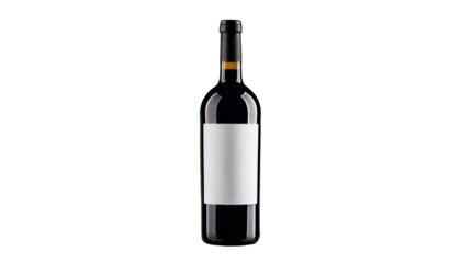 Dark glass wine bottle, with blank white label and black cap, isolated on a transparent back.png