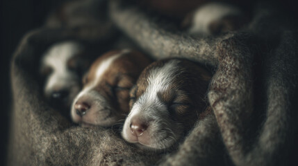 Three puppies are snuggled closely together under a soft blanket, their eyes gently closed. The soft lighting highlights their features, creating a calm and soothing environment that emphasizes their