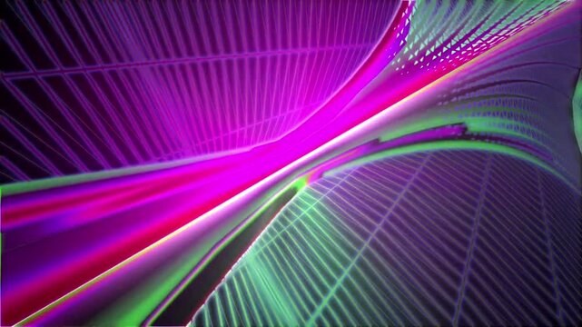 Colorful glowing neon toroid tunnel with futuristic grid lines and vibrant light effects