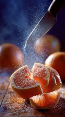 Sharp kitchen knife slices juicy grapefruit on rustic wooden table, citrus mist sparkling in dramatic blue studio background, concept for advertising a refreshing drink