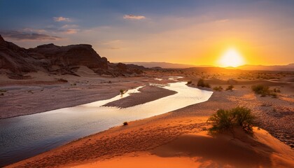 River In Desert Breathtaking Sunset Over Mars Like Rocky Landscape Water In Sandy Dunes