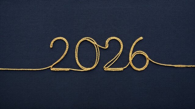 Golden string forms the year 2026 in cursive style on a dark textured background