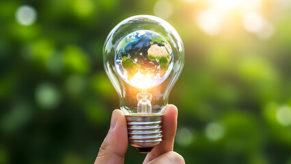 Hand holding a glowing light bulb with a reflection of the Earth inside, symbolizing global energy and environmental consciousness against a green nature background.