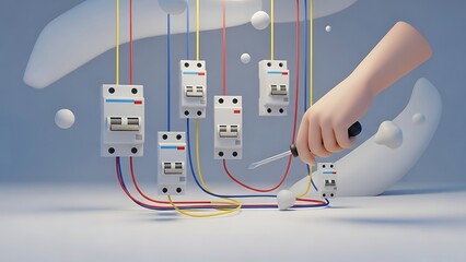 A hand holding a screwdriver working on electrical circuit breakers with colored wires