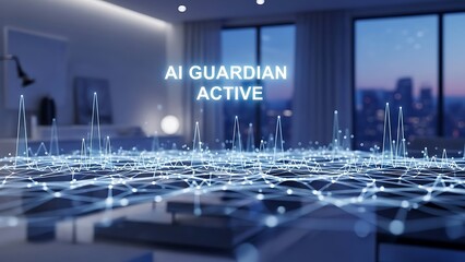 AI network visualization on a modern office desk at dusk with city view