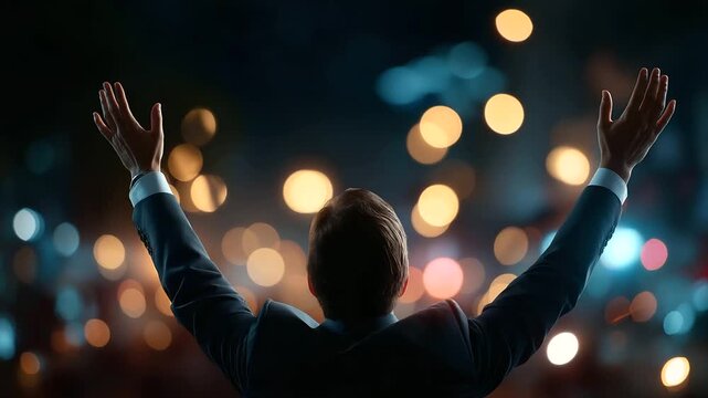 Accomplished individual in business attire elevated hands upward faceless man in suit defocused celebration