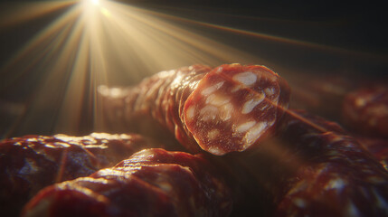 Sliced cured sausages (likely chorizo) are placed in low light with a strong light source creating lens flare in the background. The texture and fat marbling are visible in close-up.