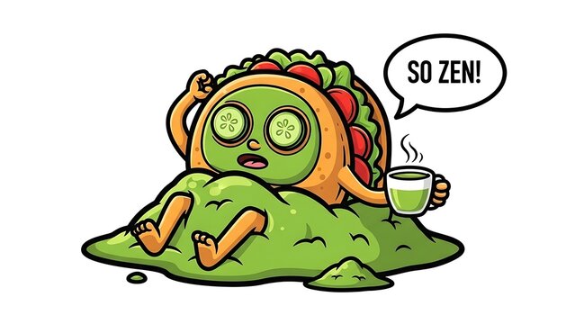 Cartoon taco character sitting on green guacamole pile with tea cup saying so zen