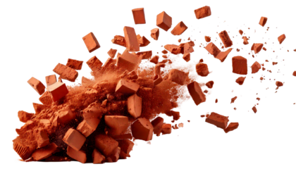 Flying Pieces and Powder of Broken Red Brick Isolated on White Background 