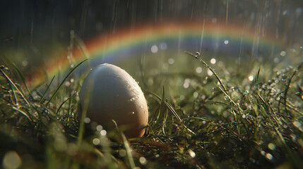 An egg lies on wet grass under rain, with raindrops visible on its surface and blades of grass. A rainbow arcs in the background, illuminated by sunlight.