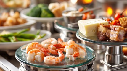 Assortment of appetizers and dipping ingredients arranged attractively on elevated serving dishes