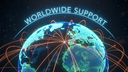 Digital globe with orange connections and worldwide support text