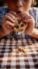 Little child eating messy chocolate chip cookie over checked picnic tablecloth, close-up hands and crumbs falling in warm outdoor light, concept of carefree childhood treat