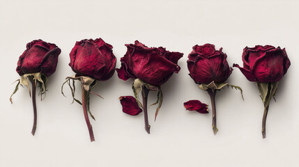 Five dried red roses are laid out in a horizontal row against a light background. Some petals have fallen off and lie near the stems. The flowers&rsquo; texture is shriveled, highlighting their withered