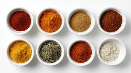 Eight small white bowls display assorted dried herbs and ground seasonings against a bright white backdrop