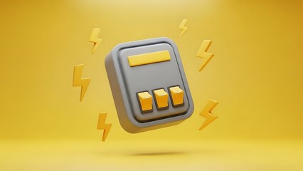 Grey and yellow 3D calculator with lightning bolts around it on yellow background