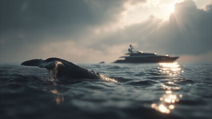 A humpback whale&rsquo;s tail fin breaks the ocean surface, with a luxury yacht visible in the background. Sunlight filters through clouds, casting reflections on the water. The scene combines marine life