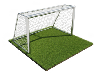 Soccer goal cutout on a small grass field isolated on transparent background for sports posters, game branding, and website design
