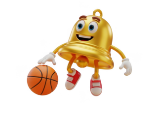 Golden bell cartoon character dribbling basketball isolated on transparent background for sports app icon, branding, and marketing