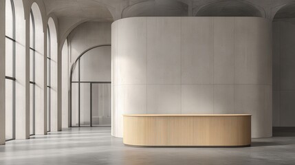 Contemporary reception area features minimalist wooden counter against textured concrete walls and arched windows