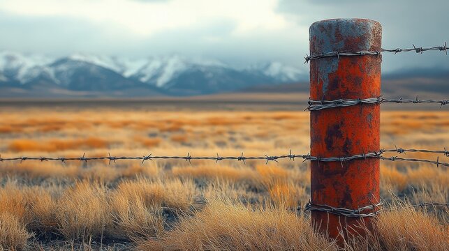 Rusty Barbed Wire Fence Post in a Golden Field with Snow Capped Mountains in Background - Powered by Adobe