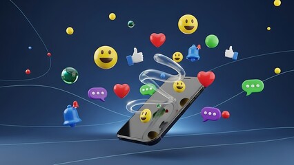 Smartphone with floating social media icons and emojis on screen  digital communication concept