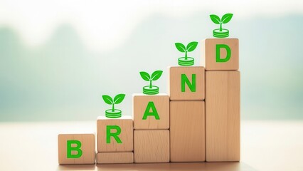 Brand growth and investment concept with wooden blocks spelling BRAND and green sprouts on coins arranged in a rising bar graph