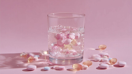A glass of water with pink and transparent capsules and tablets submerged in it. Additional pills and capsules are scattered on a pink background around the glass. The scene is static, with no human