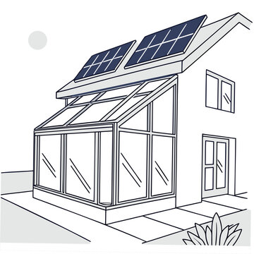 Illustration of a modern house featuring solar panels on the roof and a large glass sunroom extension showcasing renewable energy
