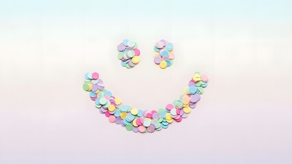 Colorful floral arrangements forming a smiling face on a pastel background