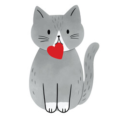Illustration of Gray Cat Holding Red Heart